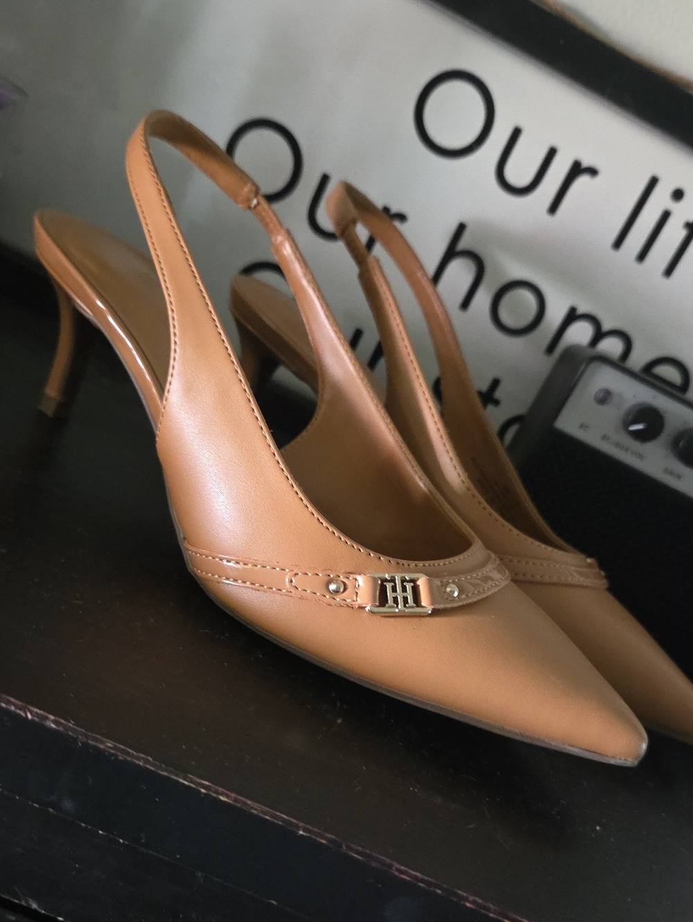 Tommy Hilfiger Tan Pointed-Toe Slingback Heels with Logo Accent